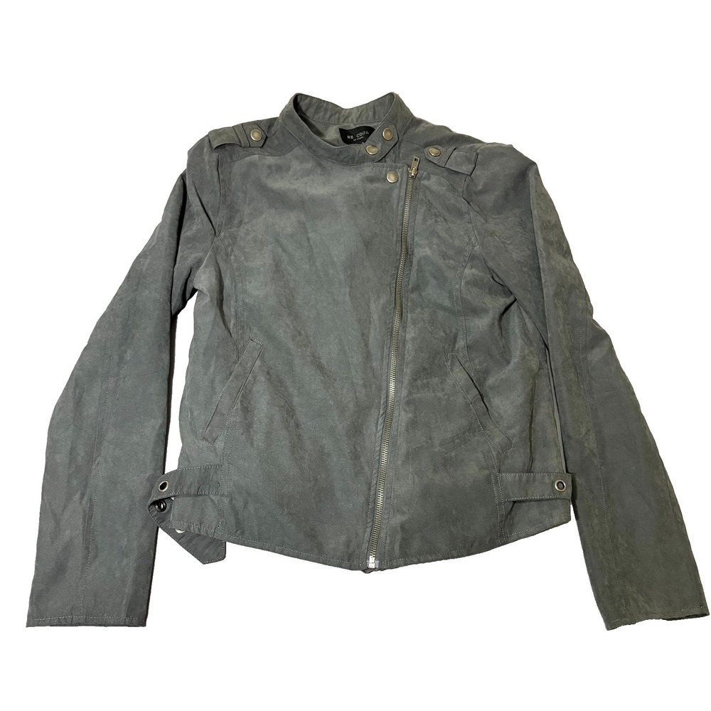 Be Cool Moto Jacket Womens Medium Gray Suede Leather Lined Asymmetrical Zip